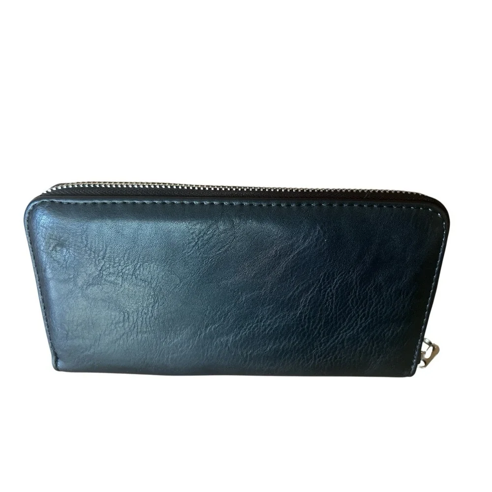 BLACK RHINESTONE OWL ACCORDION Zip Around WALLET Wristlet Bonus Keyring Strap‎